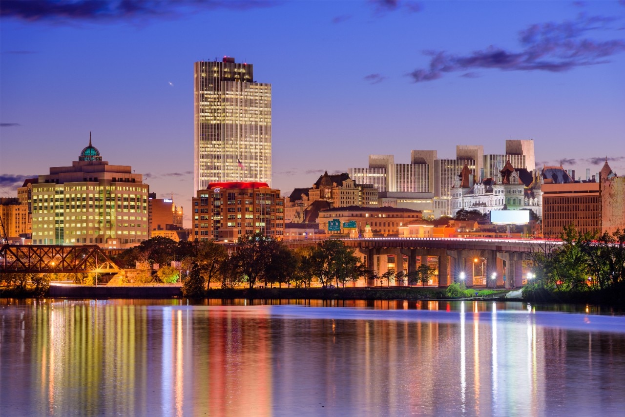 Albany, New York, USA skyline on the Hudson River.